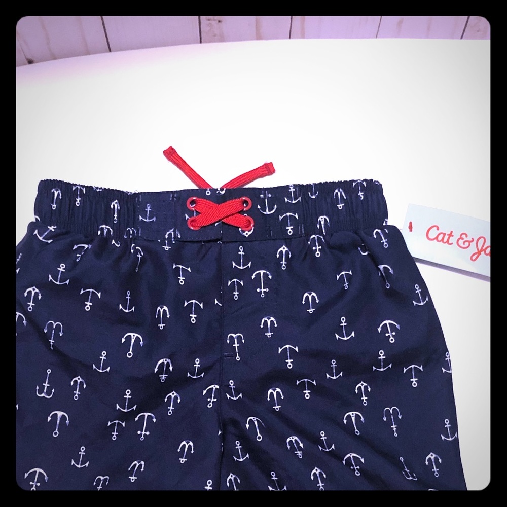 Blue Anchor Print Boys Swim Trunks